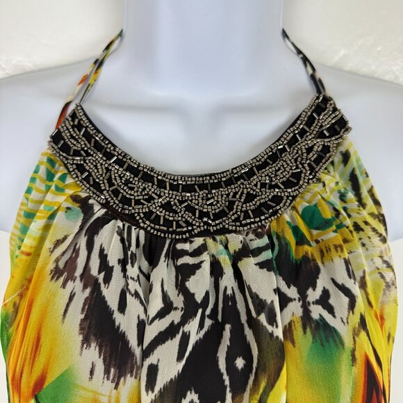 ALLEN B Allen Schwartz Chiffon Halter Dress Sz 4 Beaded Yoke Tribal Print Hi-Low - Picture 3 of 10